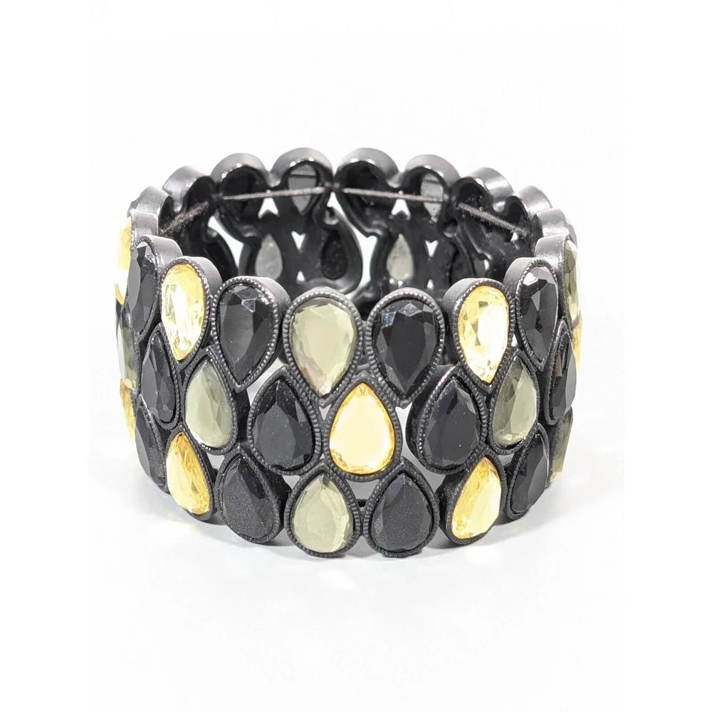 Black Yellow Teardrop Rhinestone Wide‎ Stretch Statement Bracelet